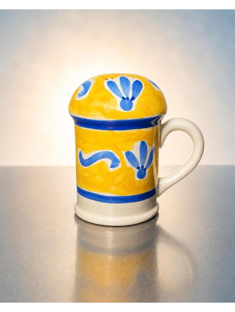 Vintage 1990s Talavera Style Yellow Blue Folk Art Ceramic Salt Shaker, 3.25x5”